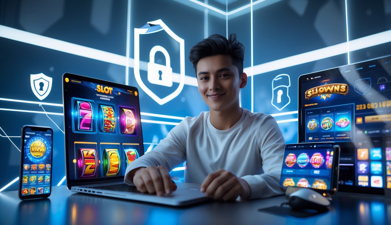 Seorang dewasa muda duduk di meja dengan laptop dan ponsel yang menampilkan permainan slot online yang aman dan lengkap.