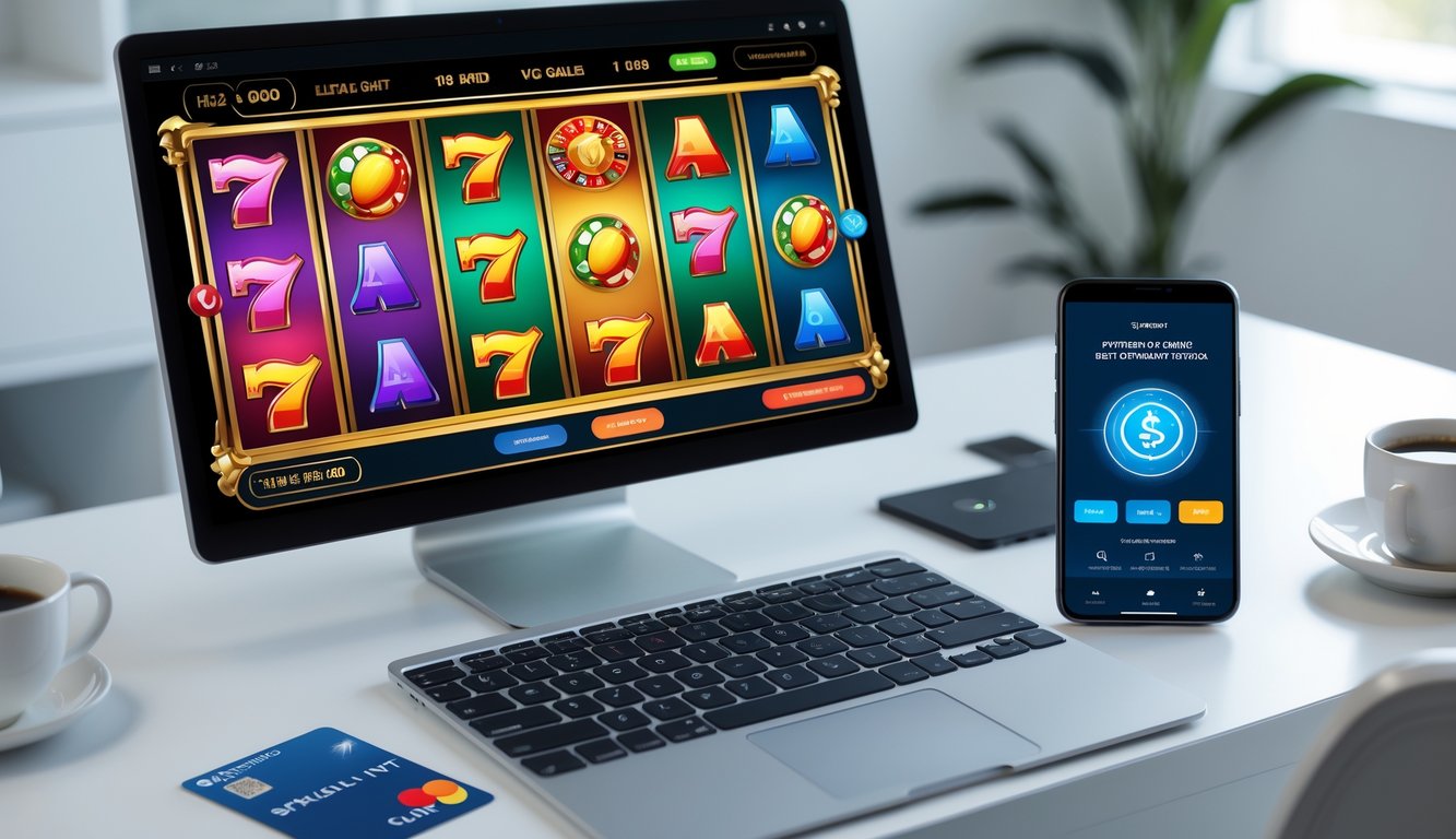 Seorang pengguna sedang bermain mesin slot online di komputer dan melakukan pembayaran cepat melalui ponsel di lingkungan kerja yang rapi.