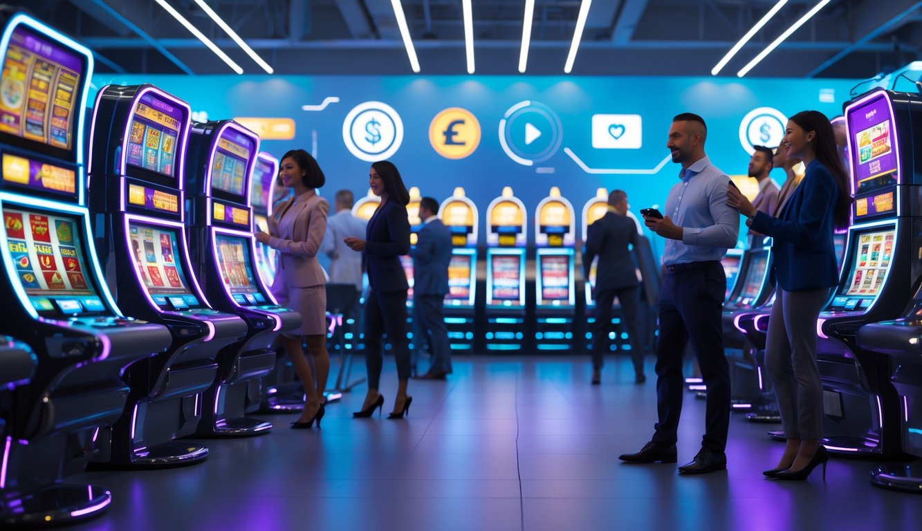 Orang-orang sedang menggunakan mesin slot online di komputer dan ponsel dengan latar belakang simbol pembayaran cepat dan aman.