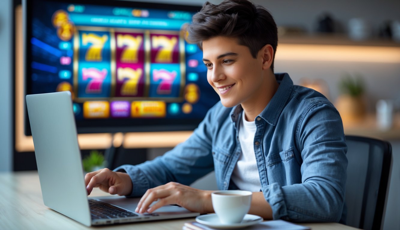 Seorang dewasa muda duduk di meja dengan laptop, fokus bermain permainan slot online resmi dan terbaik.