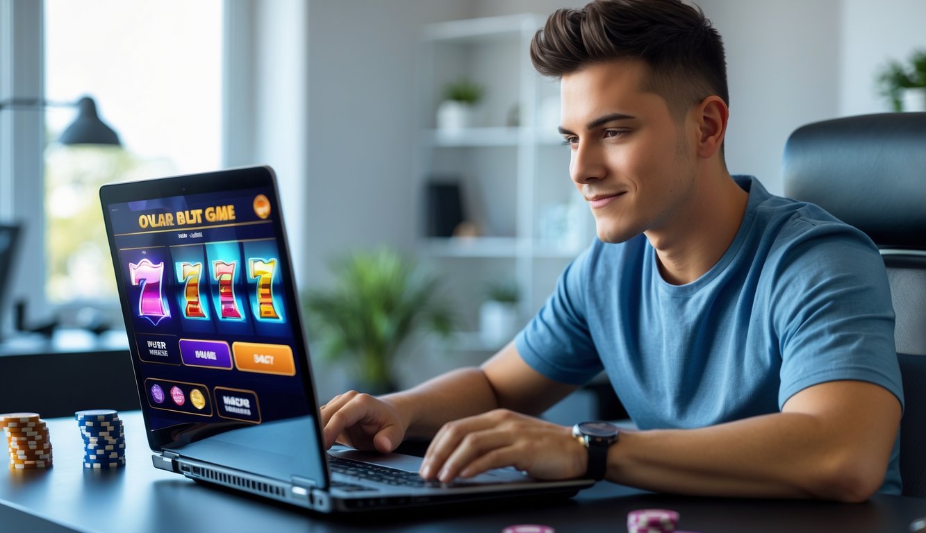 Seorang pria muda duduk di meja dengan laptop yang menampilkan permainan slot online, di ruang kerja yang terang dan rapi.