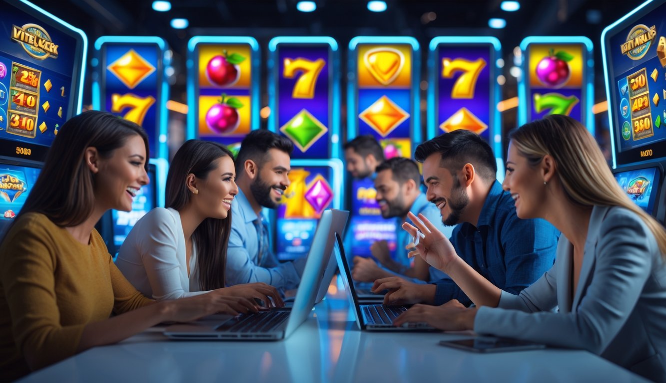 Beberapa orang menggunakan perangkat digital untuk bermain mesin slot online dengan latar belakang grafis warna-warni dari tema permainan populer.