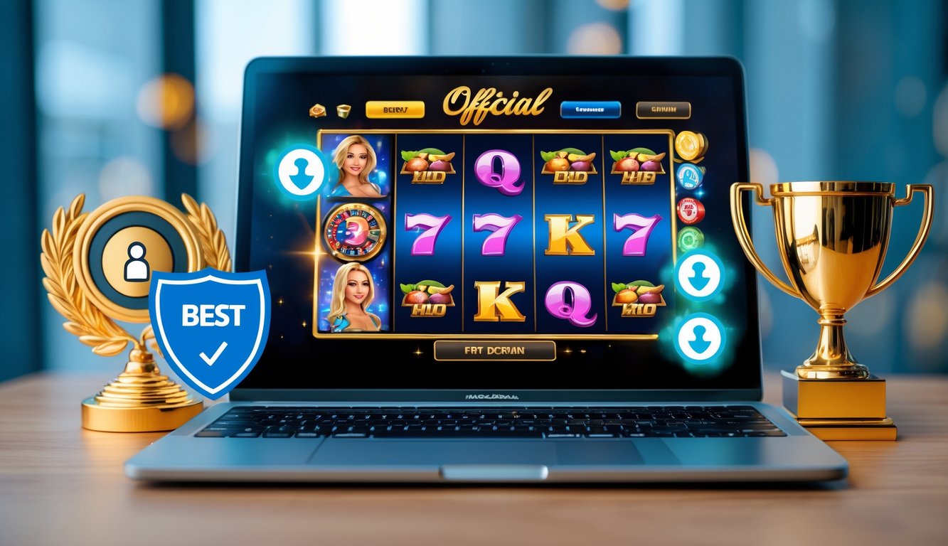 Seorang pengguna sedang bermain permainan slot online resmi di komputer dengan latar belakang yang profesional dan elemen yang menunjukkan keamanan dan kualitas.