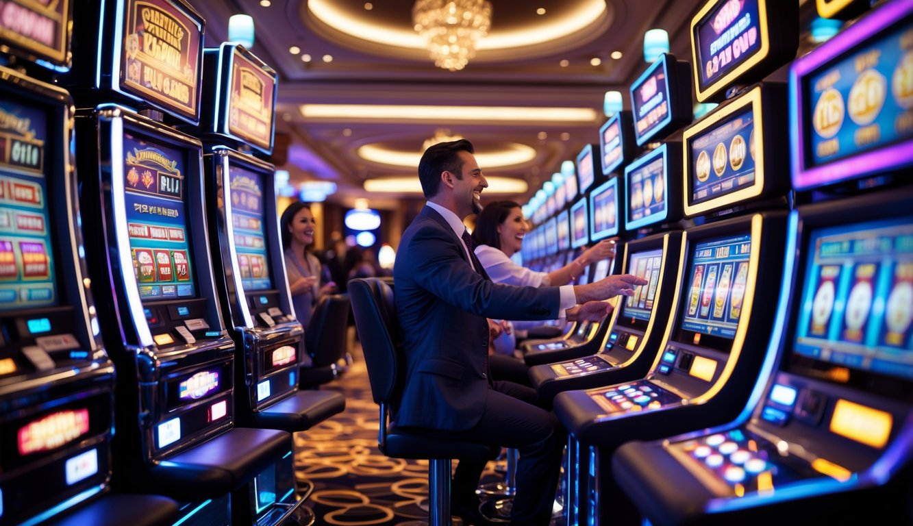 Suasana kasino modern dengan deretan mesin slot berwarna cerah dan lampu menyala, menampilkan orang-orang yang antusias bermain mesin slot dengan ekspresi senang dan bersemangat.