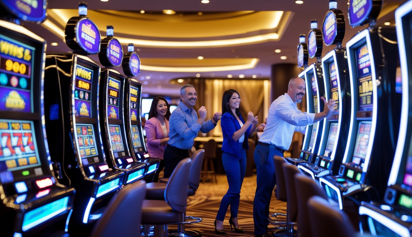 Orang-orang sedang bermain mesin slot di dalam kasino yang terang dan modern.