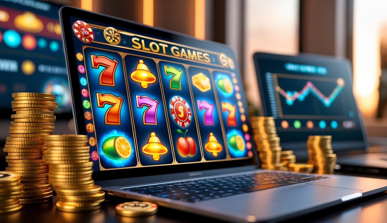 Seorang pria menggunakan laptop dengan layar menampilkan permainan mesin slot berwarna-warni dan tumpukan koin emas di sekitarnya.