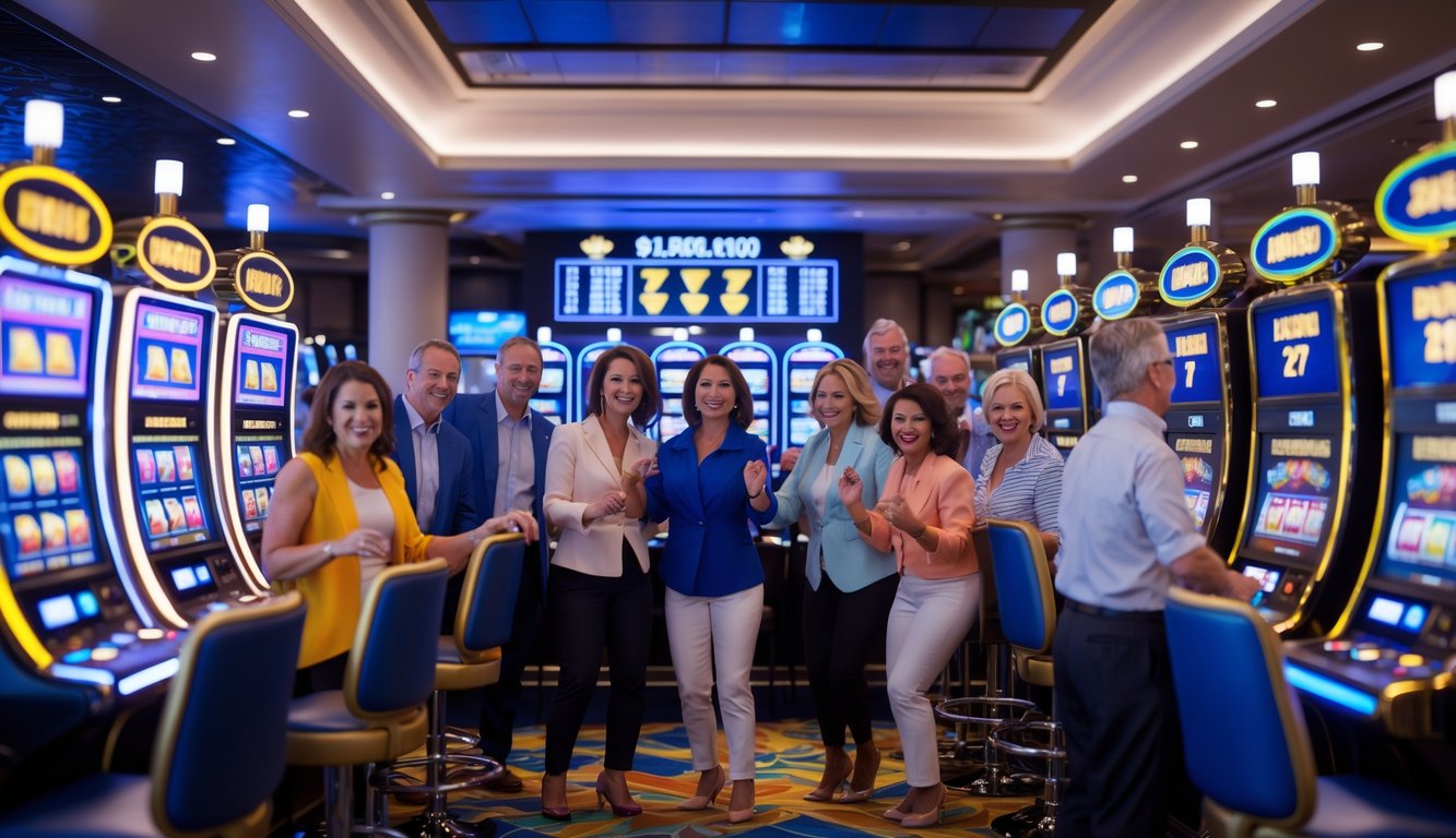 Orang-orang sedang bermain mesin slot berwarna-warni di dalam kasino yang terang dan modern dengan suasana yang menyenangkan dan penuh semangat.