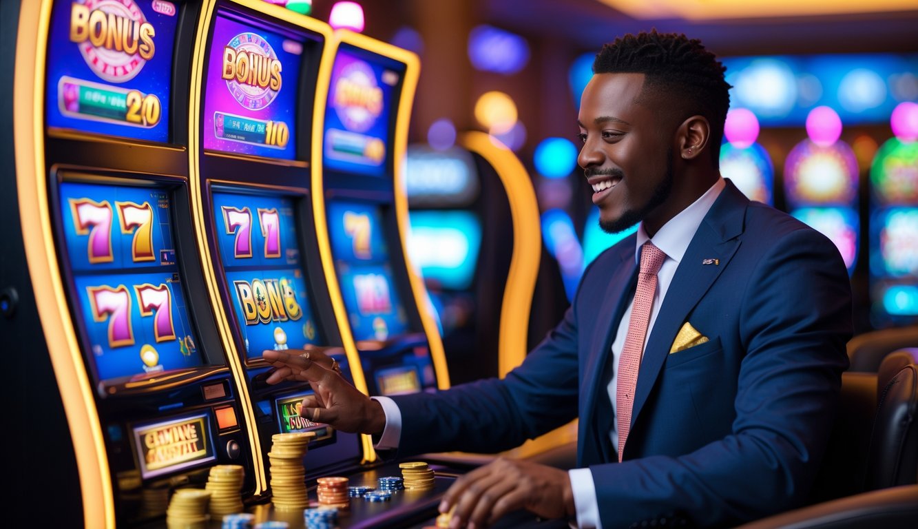 Seorang pria atau wanita sedang bermain mesin slot modern di kasino dengan suasana hangat dan lampu berwarna-warni, menampilkan kegembiraan dan antisipasi.