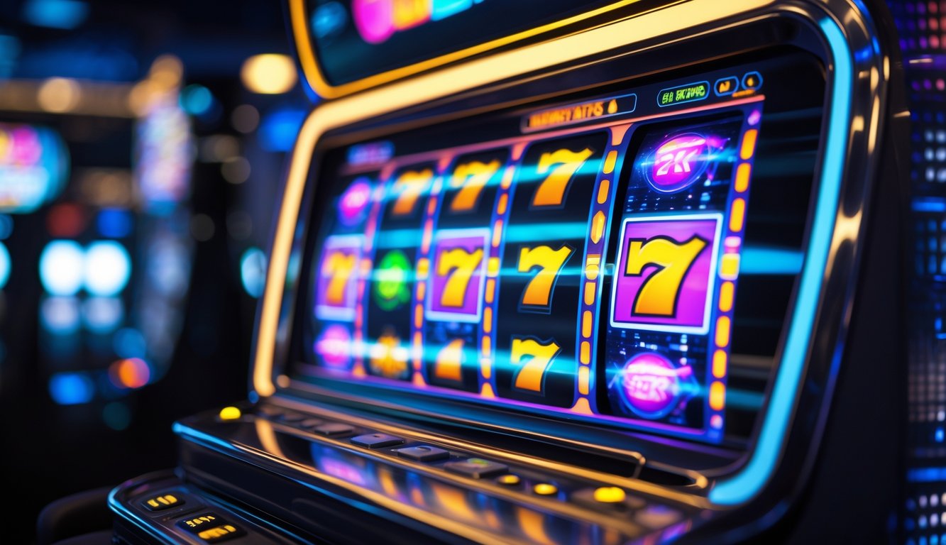 Mesin slot modern dengan layar berwarna cerah yang menampilkan simbol dan pola yang bergerak.