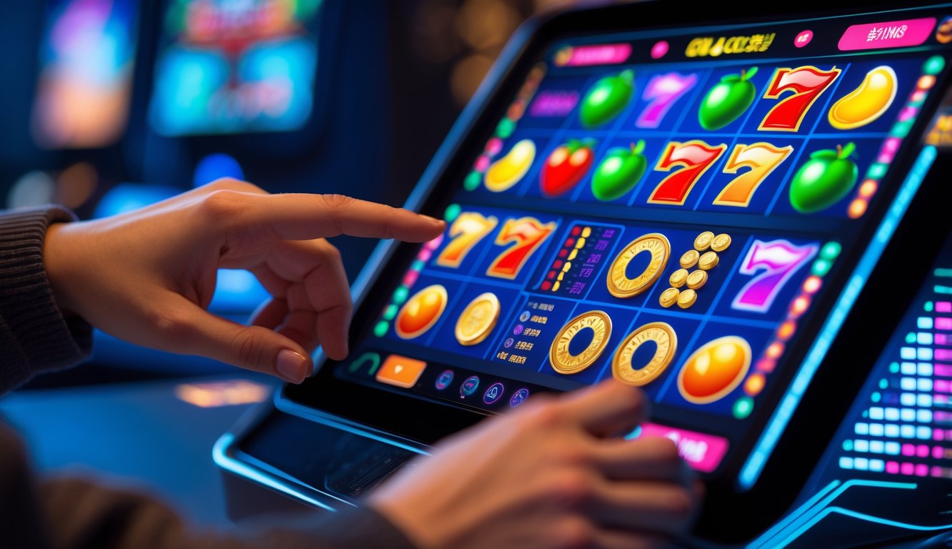 Tangan seseorang sedang menggunakan mesin slot digital dengan simbol warna-warni di layar dalam ruangan modern yang terang.