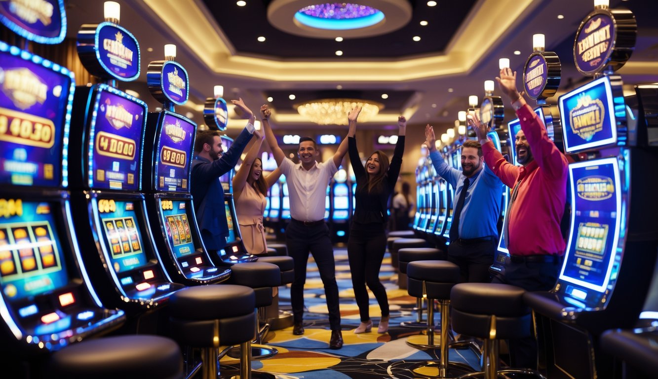 Beberapa orang bermain mesin slot di dalam kasino yang terang dan ramai, tampak senang dan merayakan kemenangan mereka.