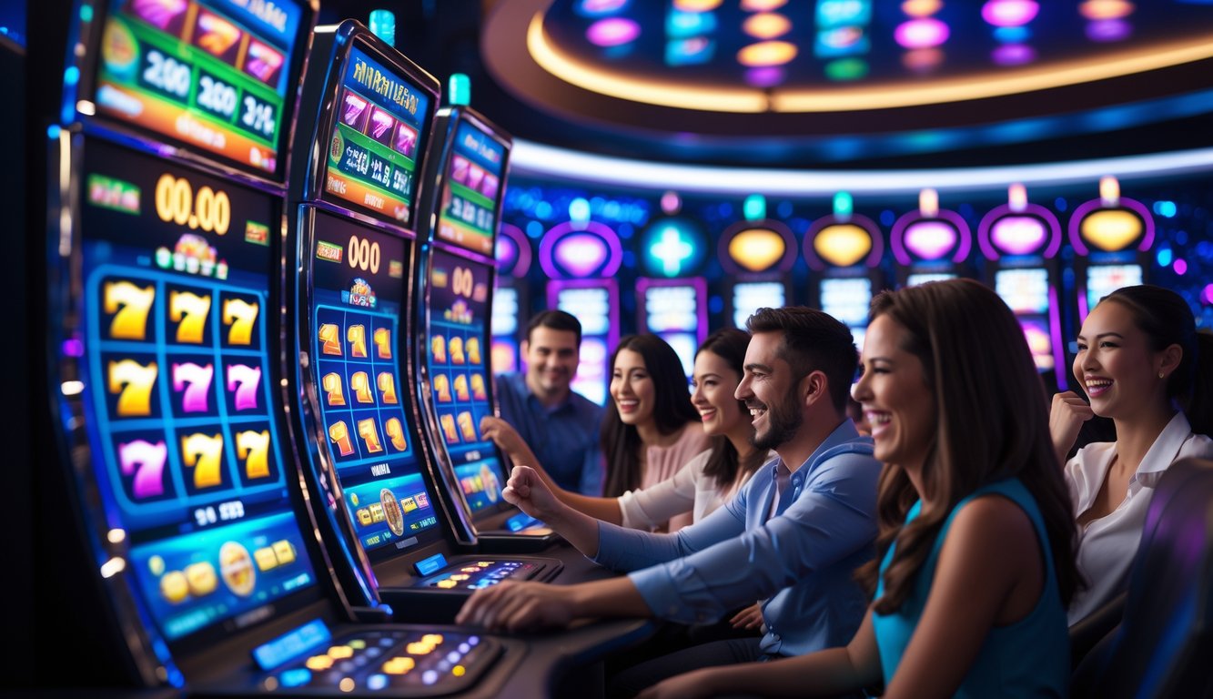 Beberapa orang bermain mesin slot digital di sebuah ruang permainan modern dengan layar warna-warni dan suasana yang ceria.