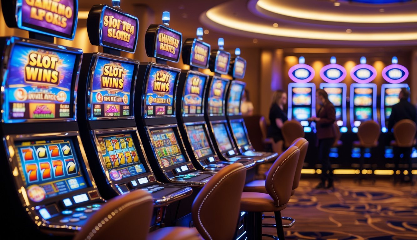 Area mesin slot modern di kasino dengan beberapa pemain yang sedang bermain dan suasana yang cerah serta mewah.