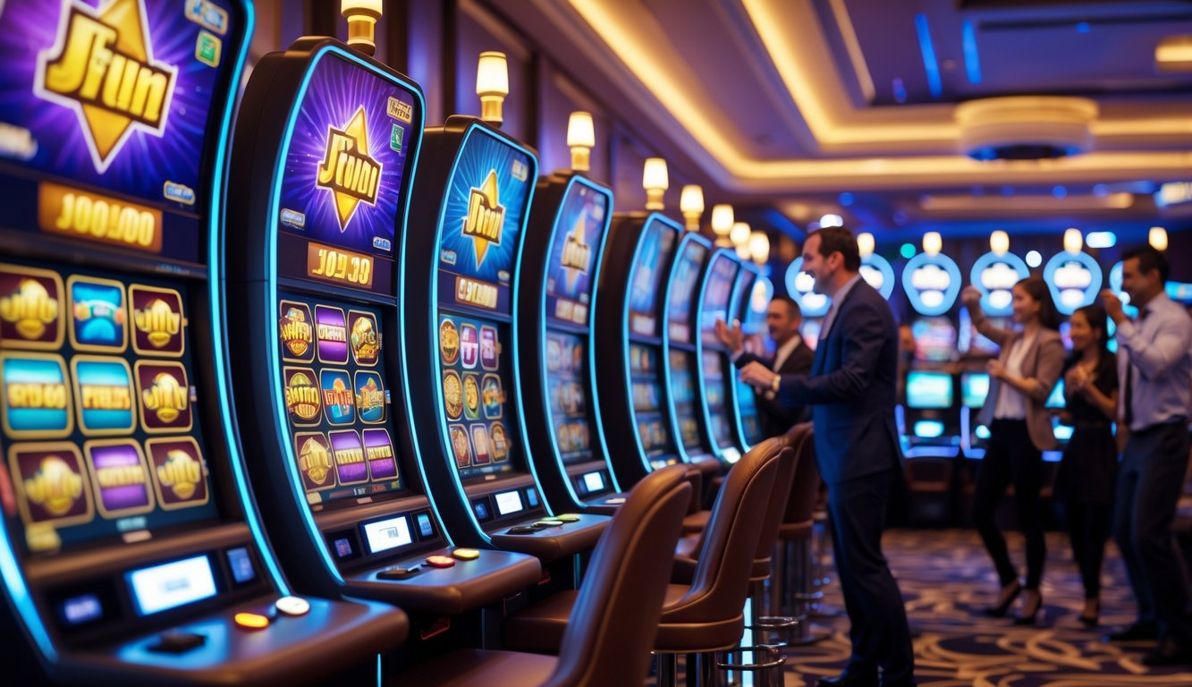 Suasana kasino dengan deretan mesin slot modern yang menyala dan orang-orang yang terlihat antusias bermain dan merayakan kemenangan kecil.