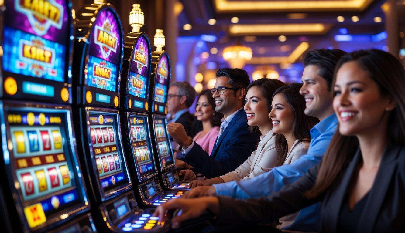 Orang-orang bermain mesin slot berwarna-warni di dalam kasino dengan suasana yang cerah dan menyenangkan.