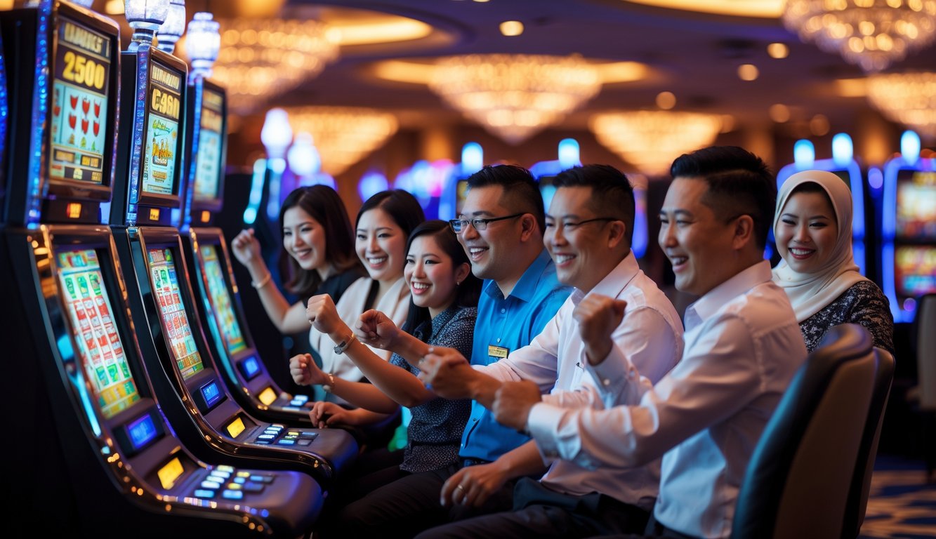 Beberapa pemain Indonesia sedang bermain mesin slot di dalam kasino dengan suasana ceria dan penuh semangat.