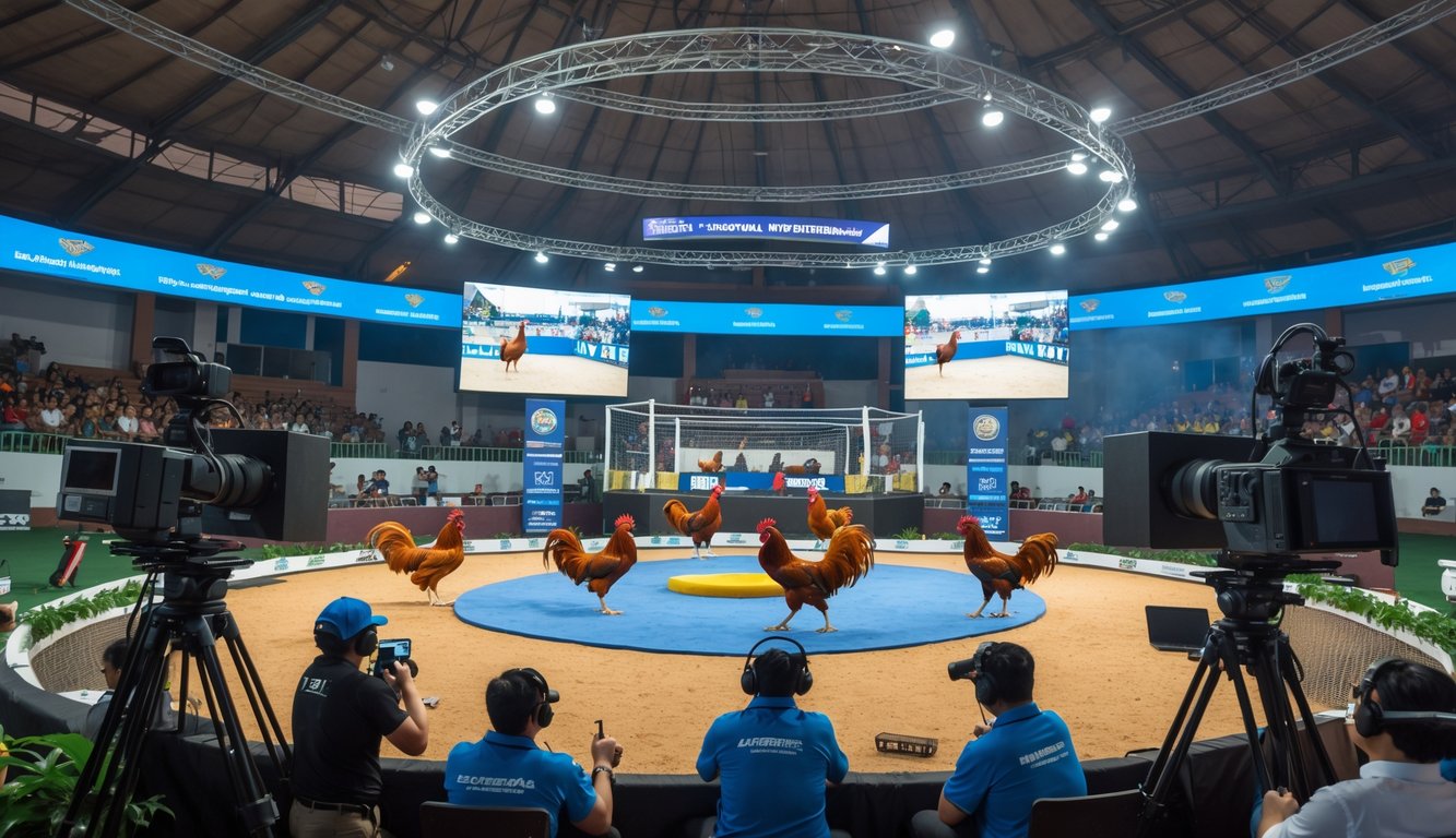 Pertandingan sabung ayam resmi di arena dengan penonton dan kamera live streaming yang merekam acara.