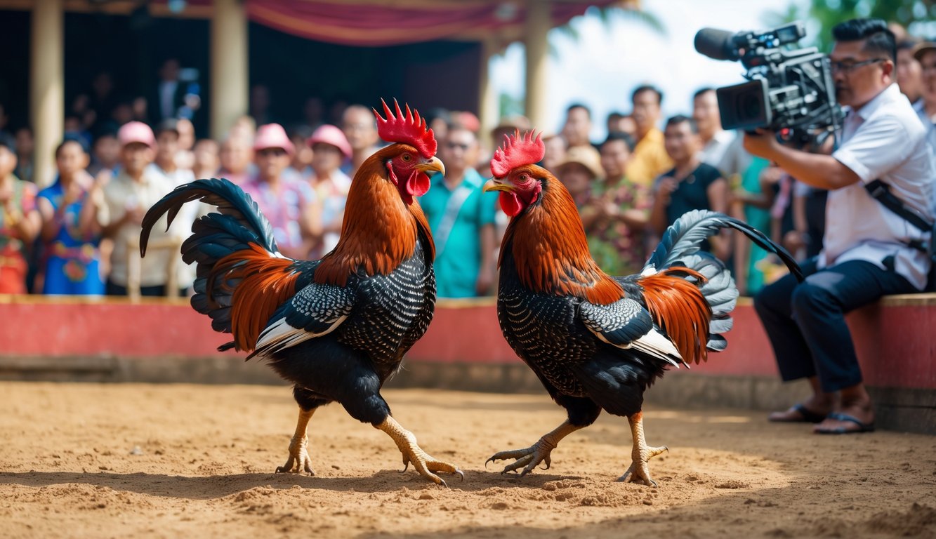 Dua ayam jago sedang bertarung di arena sabung ayam dengan penonton yang antusias di sekitarnya dan seorang operator kamera merekam acara tersebut.
