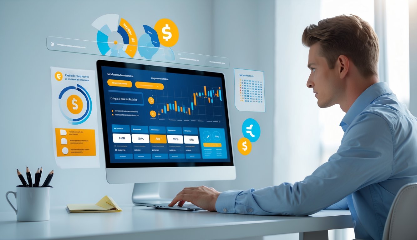 Seorang pria muda duduk di depan laptop di ruang kerja yang terang, melihat layar dengan tampilan platform taruhan sabung ayam resmi dan terpercaya.