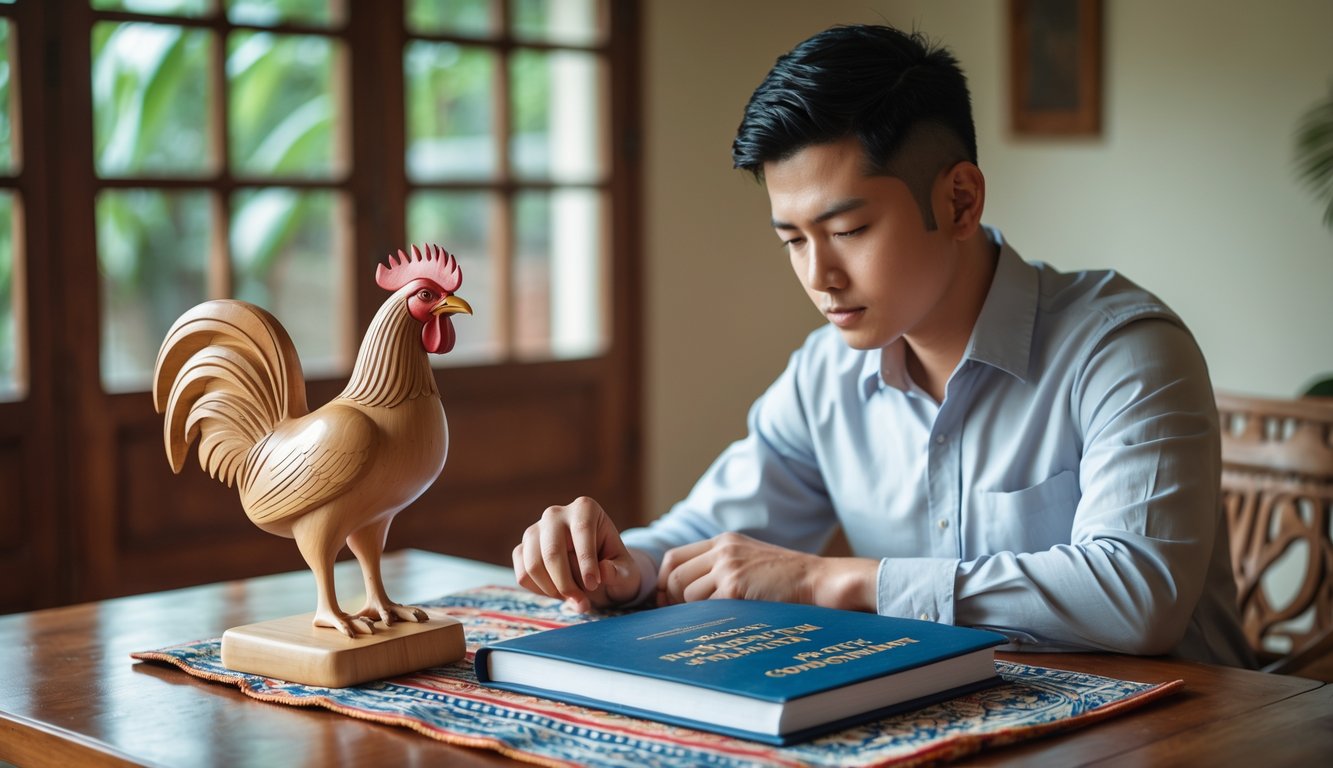 Seorang pria muda duduk di meja kayu sambil mempelajari buku panduan tentang sabung ayam resmi dan terbaik untuk pemula, dengan hiasan budaya Indonesia di sekitarnya.