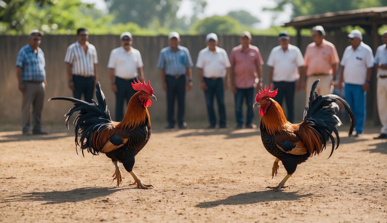 Dua ayam jago bertarung di arena dengan beberapa penonton yang memperhatikan di sekitarnya.