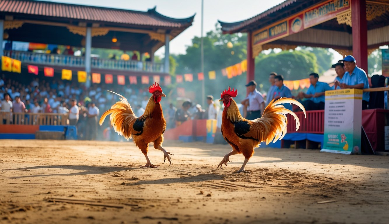Suasana arena sabung ayam dengan dua ayam jago bertarung dan penonton yang antusias di sekelilingnya.