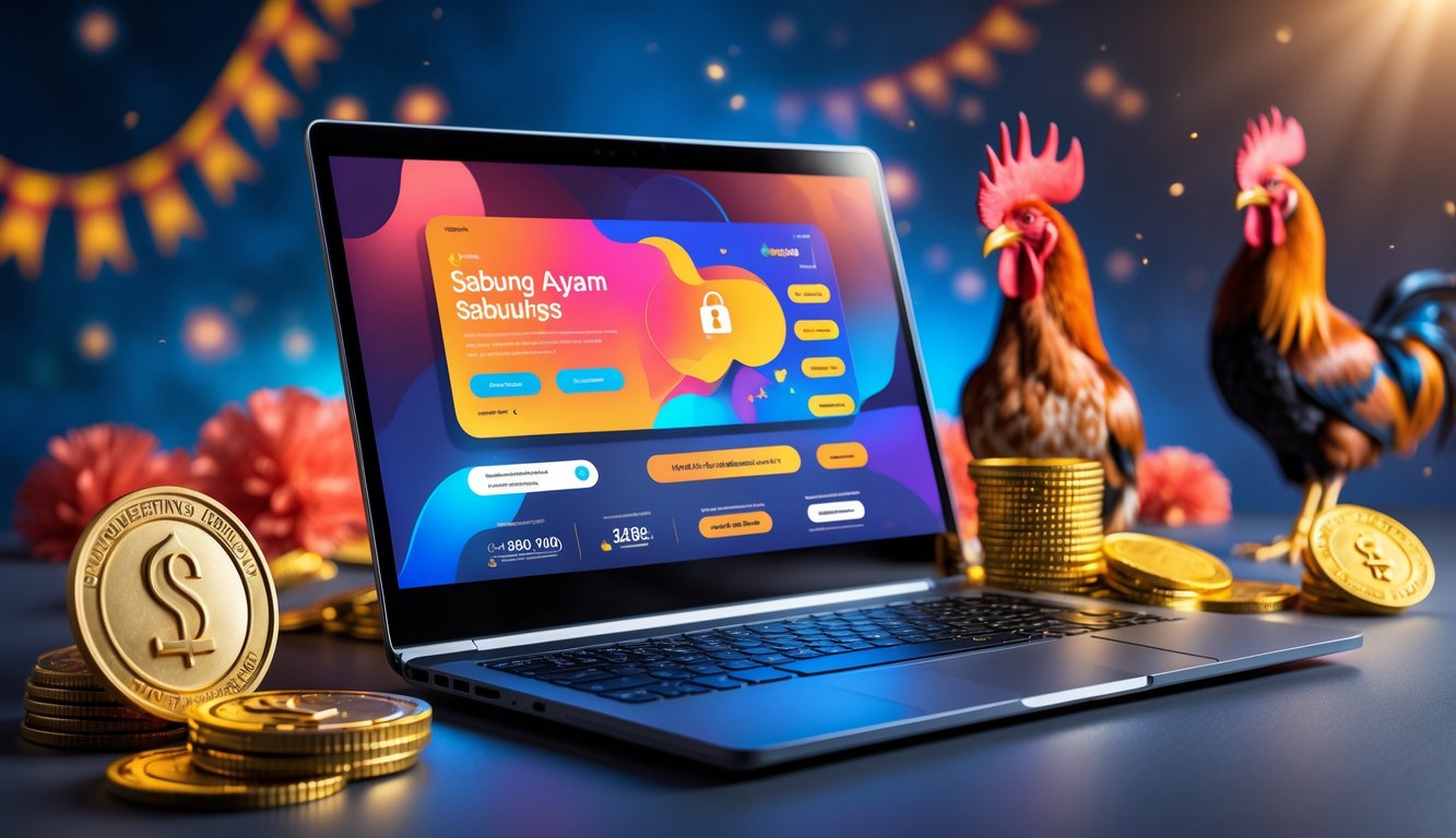 Seorang profesional menggunakan laptop di meja kerja dengan simbol keamanan dan voucher bonus di sekitarnya, menampilkan suasana terkait situs sabung ayam resmi dan terpercaya.