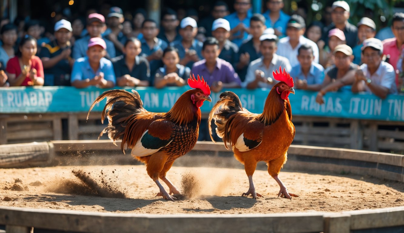 Dua ayam jago bertarung di arena melingkar dengan penonton yang antusias menyaksikan di latar belakang.