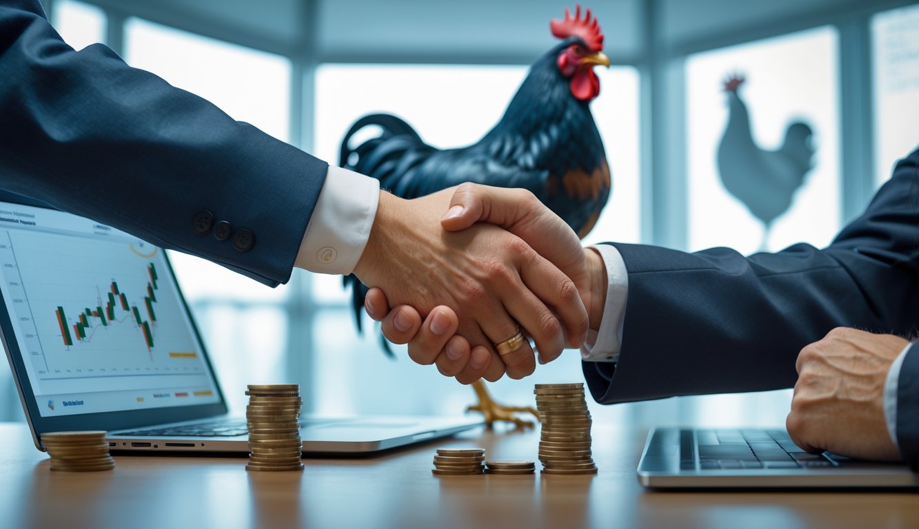 Dua pria berjabat tangan di kantor modern dengan laptop dan koin di meja, menunjukkan kemitraan resmi dan peluang menang besar.