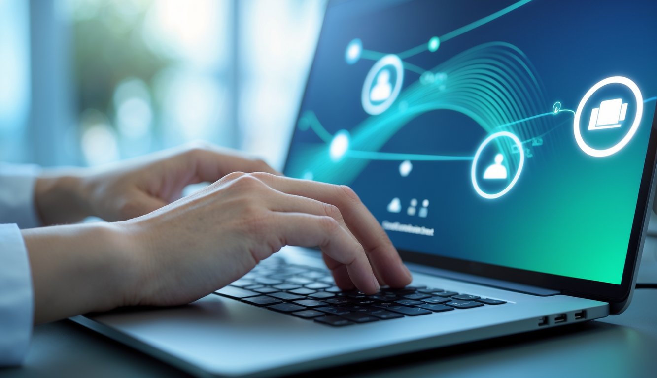 Seseorang menggunakan laptop dengan layar menunjukkan koneksi internet yang stabil dan lancar.