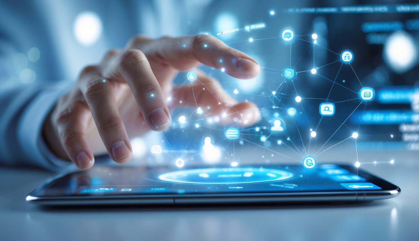 Tangan seseorang menggunakan layar sentuh transparan dengan ikon jaringan dan koneksi yang menyala, menggambarkan akses online yang stabil dan aman.