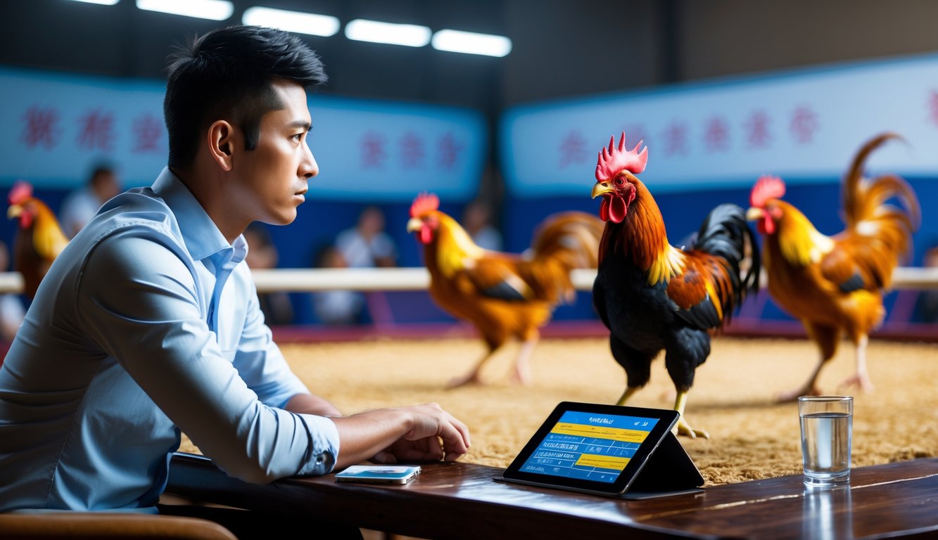 Seorang pemain profesional yang fokus mengamati arena sabung ayam dengan dua ayam jago sedang bertarung, di dalam ruangan dengan beberapa catatan strategi dan alat digital di meja.