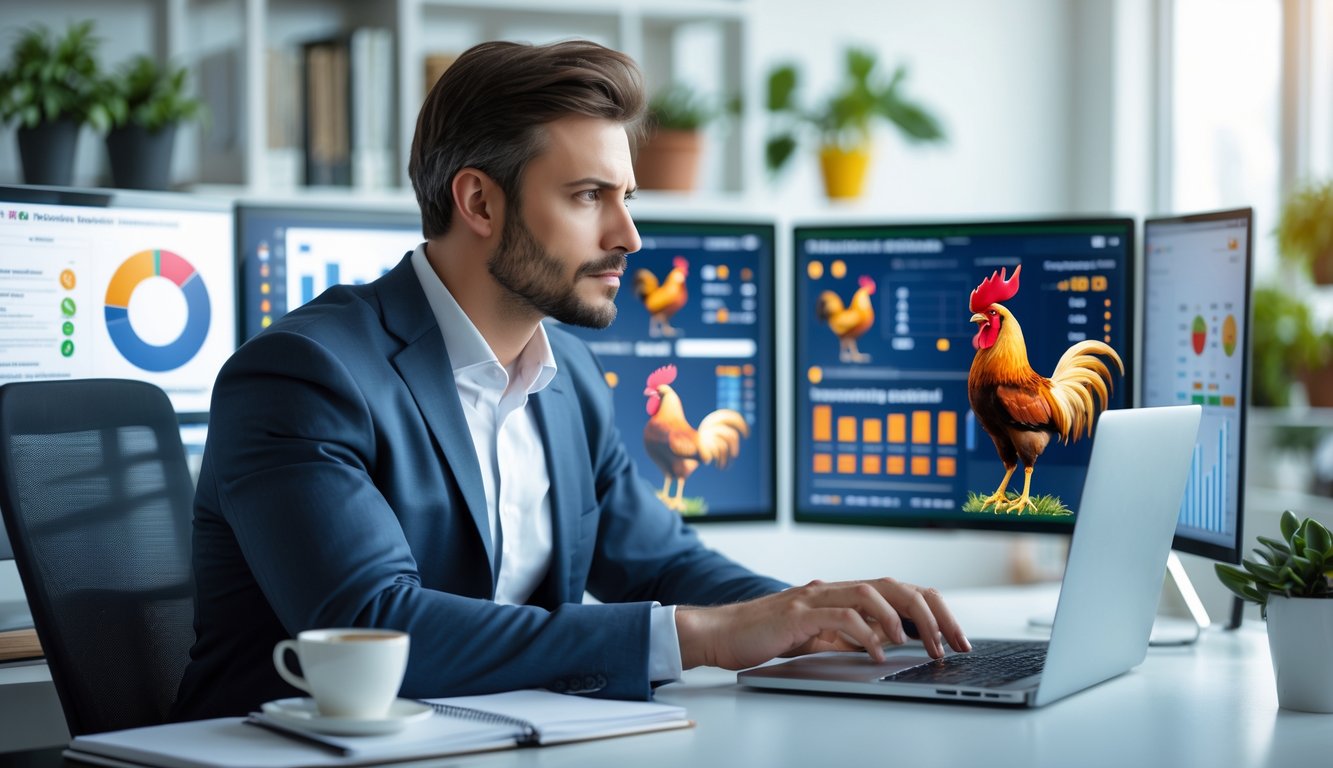 Seorang pria profesional sedang menganalisis data dan strategi di depan beberapa layar komputer di ruang kantor yang rapi.