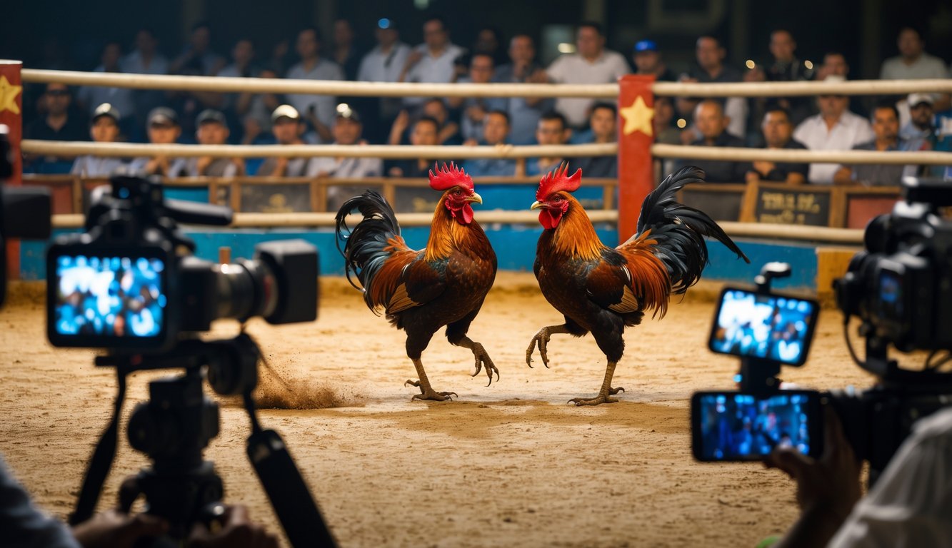 Dua ayam jago sedang bertarung di arena dengan penonton di sekitarnya dan peralatan streaming yang terlihat.