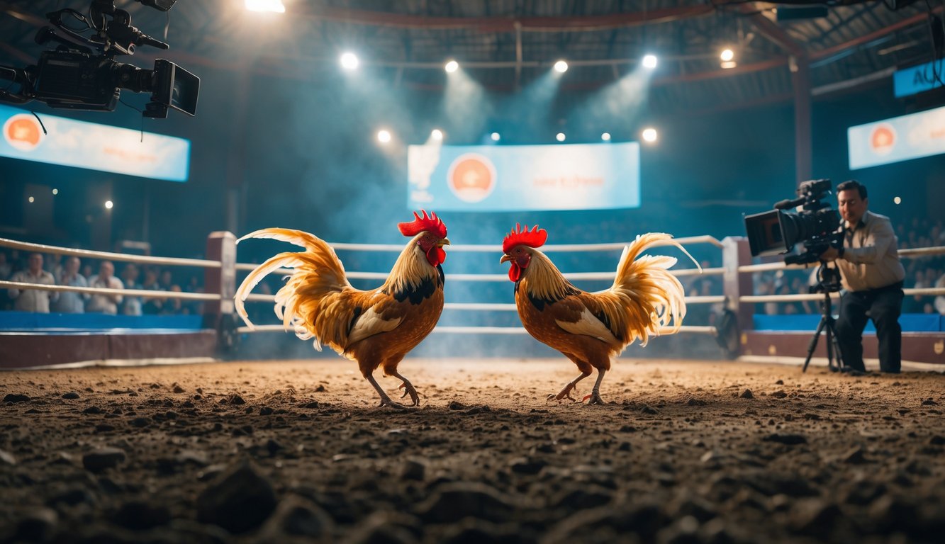 Dua ayam jago sedang bertarung di arena sabung ayam dengan penonton di sekelilingnya dan peralatan siaran langsung di latar belakang.