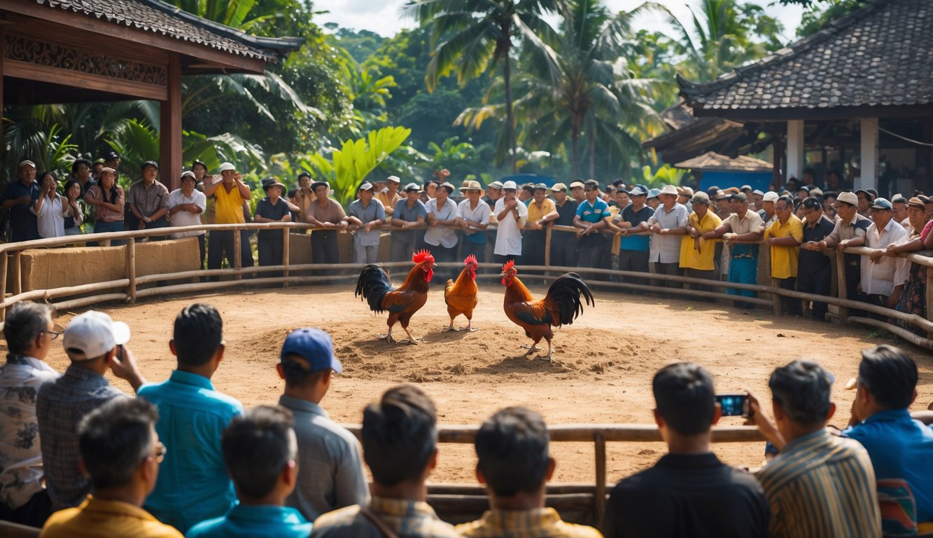 Suasana arena sabung ayam dengan dua ayam jago beraksi di tengah dan penonton yang antusias mengelilingi arena.
