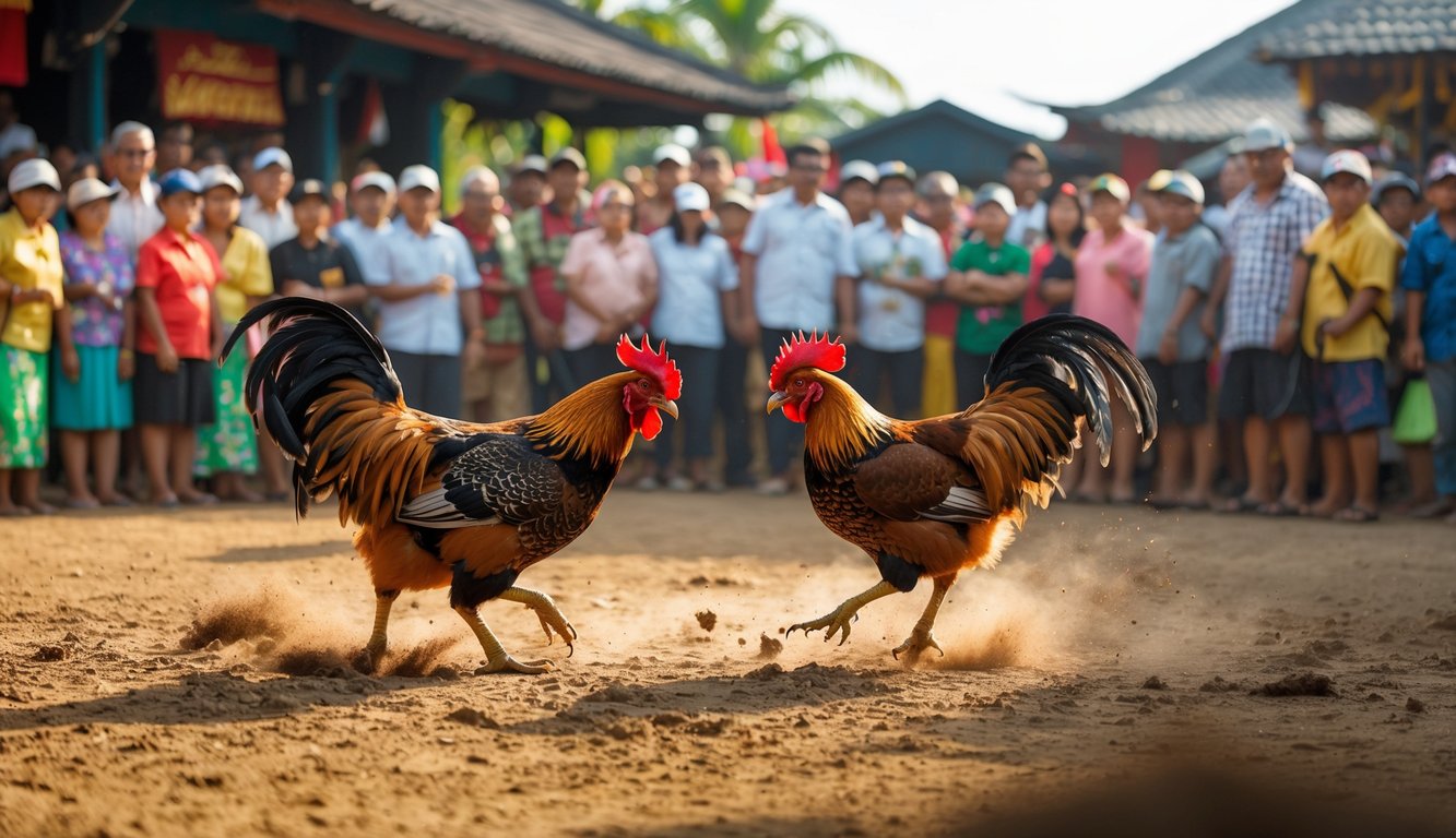 Pertandingan sabung ayam resmi yang ramai dengan dua ayam aduan sedang bertarung dan penonton Indonesia yang antusias mengelilingi arena.