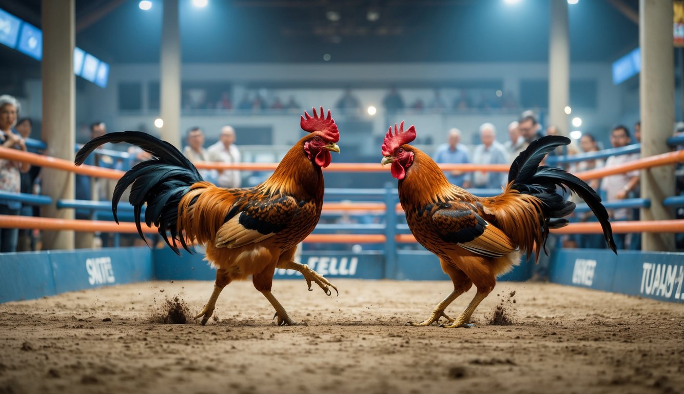 Pertandingan sabung ayam resmi dengan dua ayam bertarung di arena dan penonton yang memperhatikan.