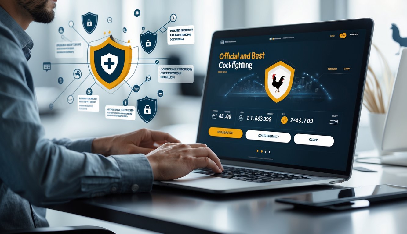 Seseorang menggunakan laptop di meja kerja dengan tampilan antarmuka taruhan online yang aman dan pembayaran cepat, di latar belakang terdapat gambar siluet ayam jago.