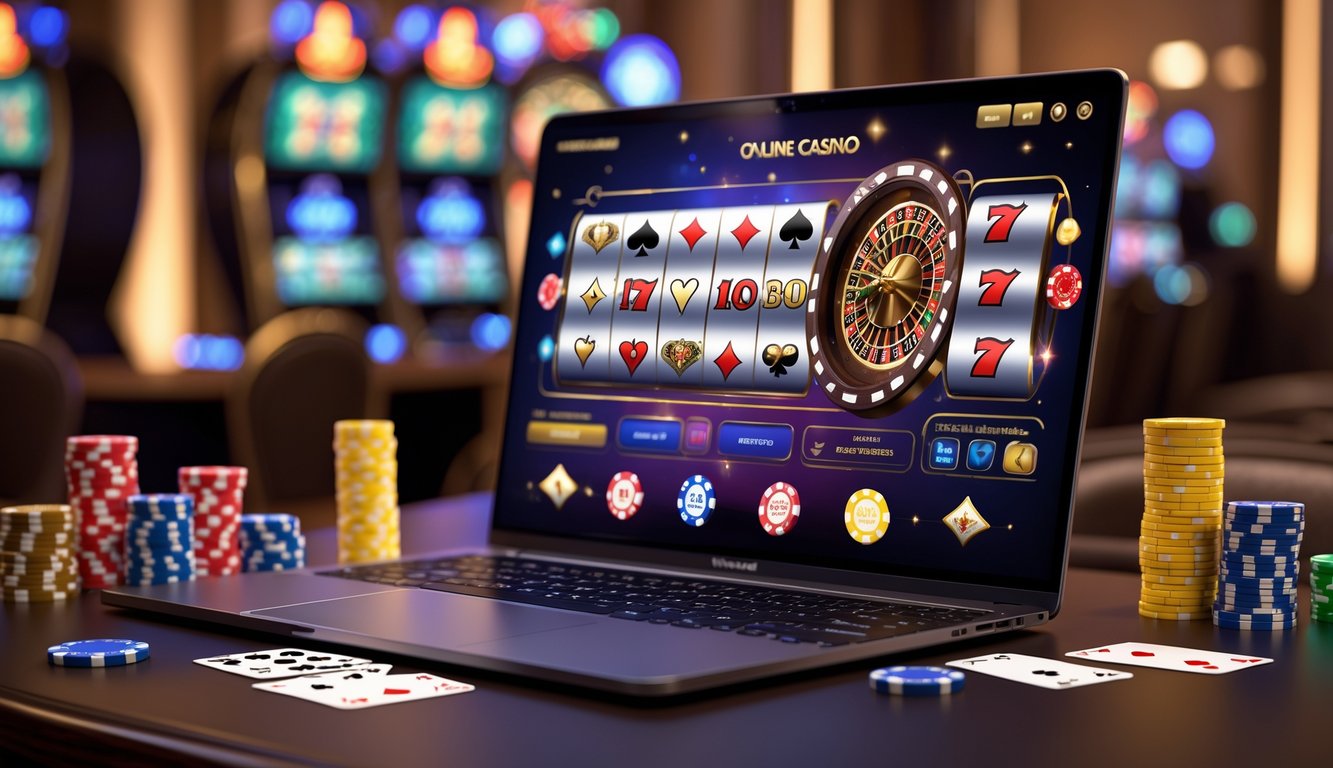 Seorang pengguna bermain permainan kasino online dengan laptop yang menampilkan berbagai permainan kasino seperti slot, poker, dan roulette, dikelilingi oleh chip poker dan kartu remi.