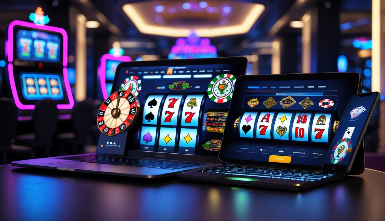Suasana kasino online modern dengan perangkat digital menampilkan permainan kasino terbaru dan responsif.