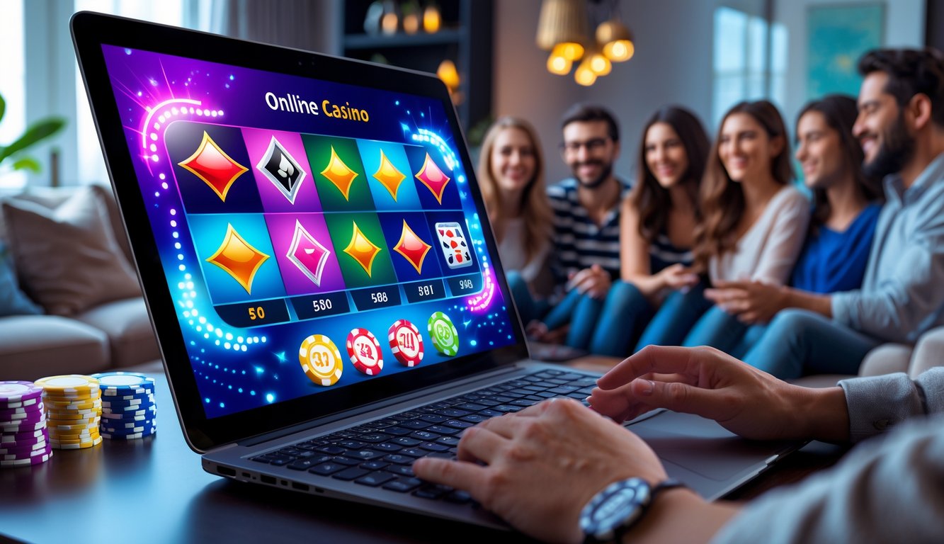 Orang-orang menikmati pengalaman bermain kasino online di ruang tamu yang nyaman dengan layar komputer menampilkan permainan kasino yang berwarna-warni.
