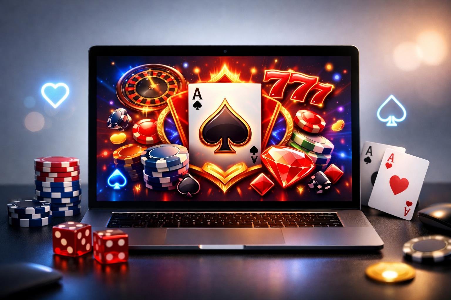 Seorang pemain sedang menggunakan laptop dengan tampilan permainan online Ultra Ace di layar, dikelilingi oleh elemen terkait permainan seperti kartu dan chip.