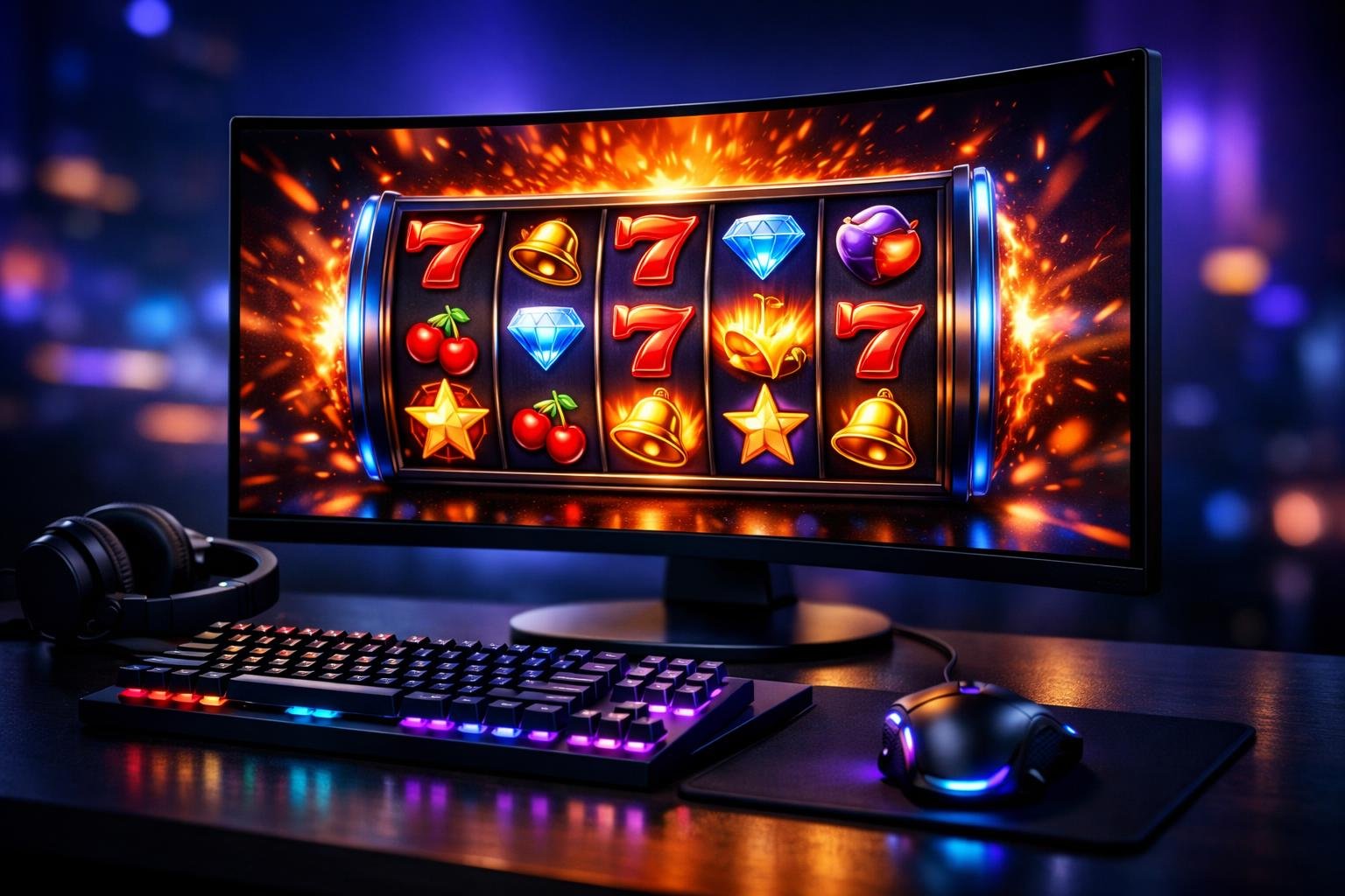 Sebuah layar komputer menampilkan permainan online Ultra Ace dengan grafis warna-warni, dikelilingi oleh aksesori gaming di meja kerja dengan pencahayaan biru dan ungu.