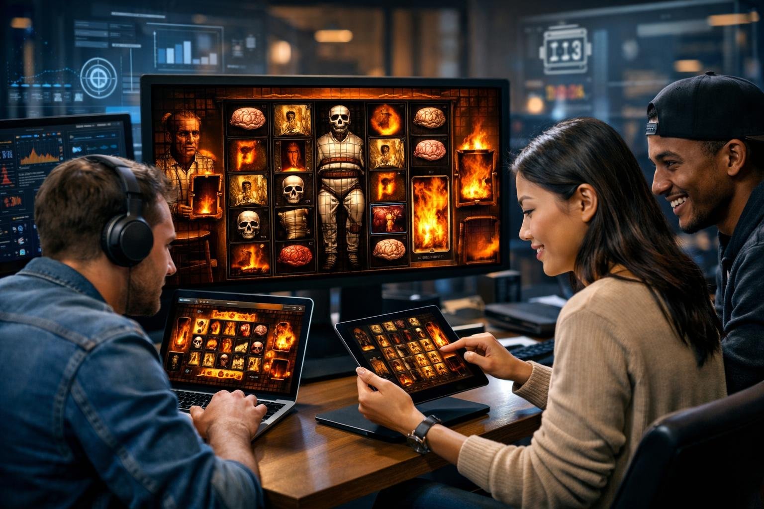 Sekelompok orang muda sedang bermain game slot online di komputer dan tablet dalam ruangan modern yang terang.