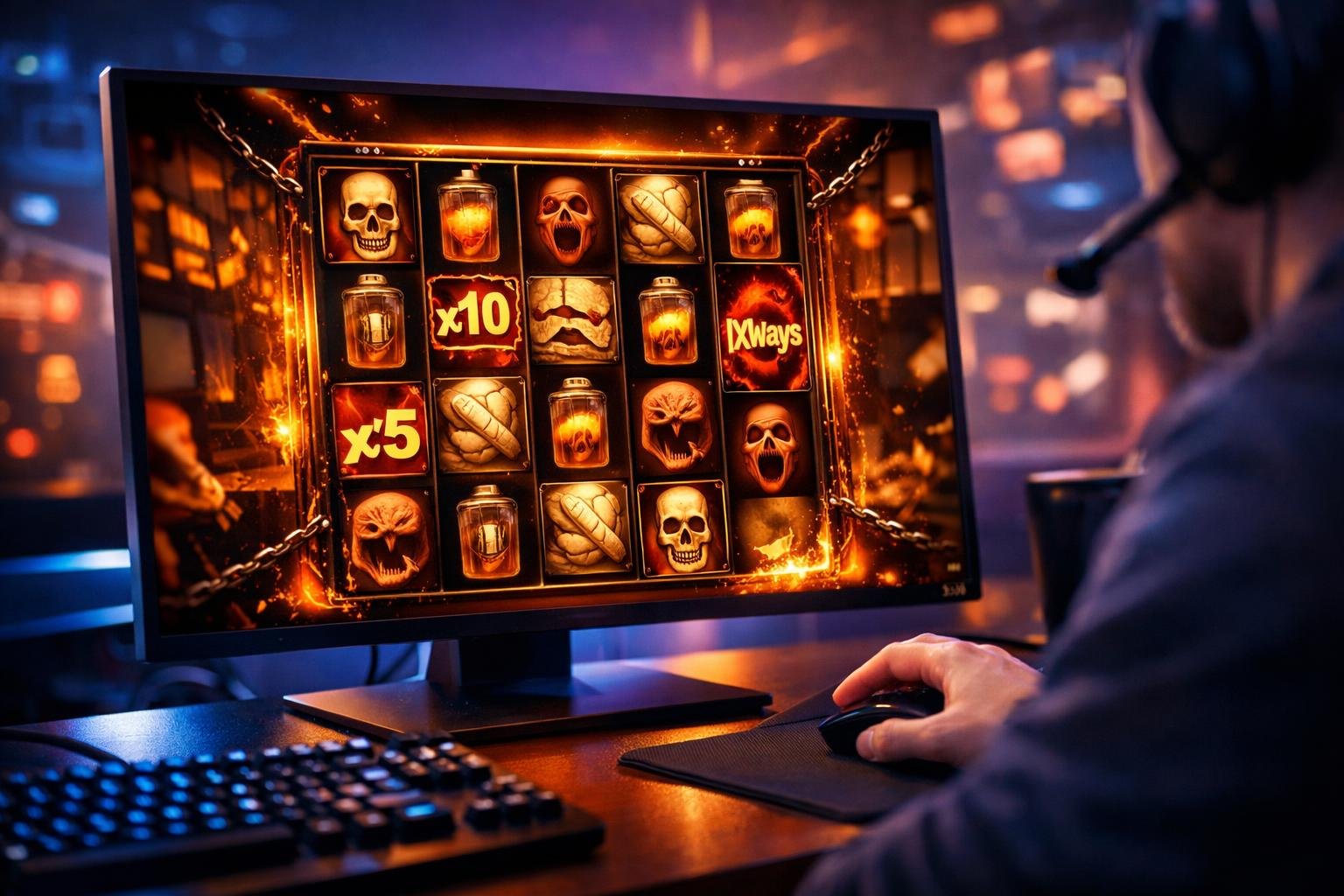 Gambar close-up layar permainan slot online dengan simbol warna-warni dan pemain yang sedang bermain di lingkungan gaming modern.