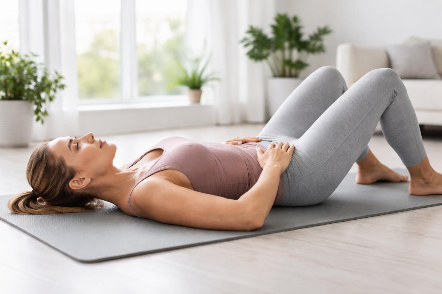 Frau macht Beckenbodentraining in einem hellen Wohnzimmer mit Yoga-Matte und Pflanzen.