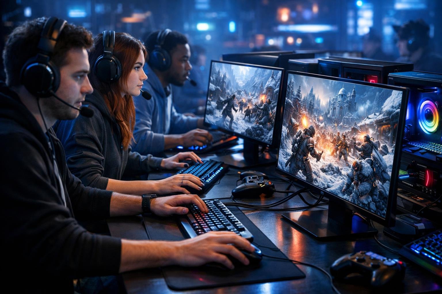 Sekelompok pemain game sedang bermain game online di depan komputer dengan latar belakang medan bersalju dan suasana musim dingin.