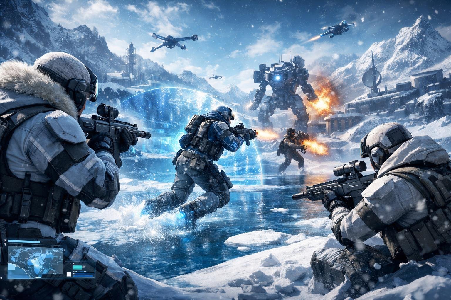 Pemandangan medan perang bersalju dengan karakter berzirah yang sedang bertempur dalam suasana permainan daring bertema musim dingin.