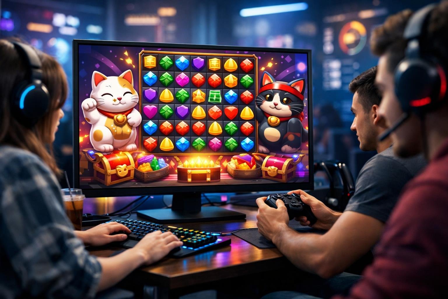 Beberapa orang muda sedang bermain game online dengan layar komputer menampilkan grafis permainan bertema permata dan kucing dalam ruangan modern.